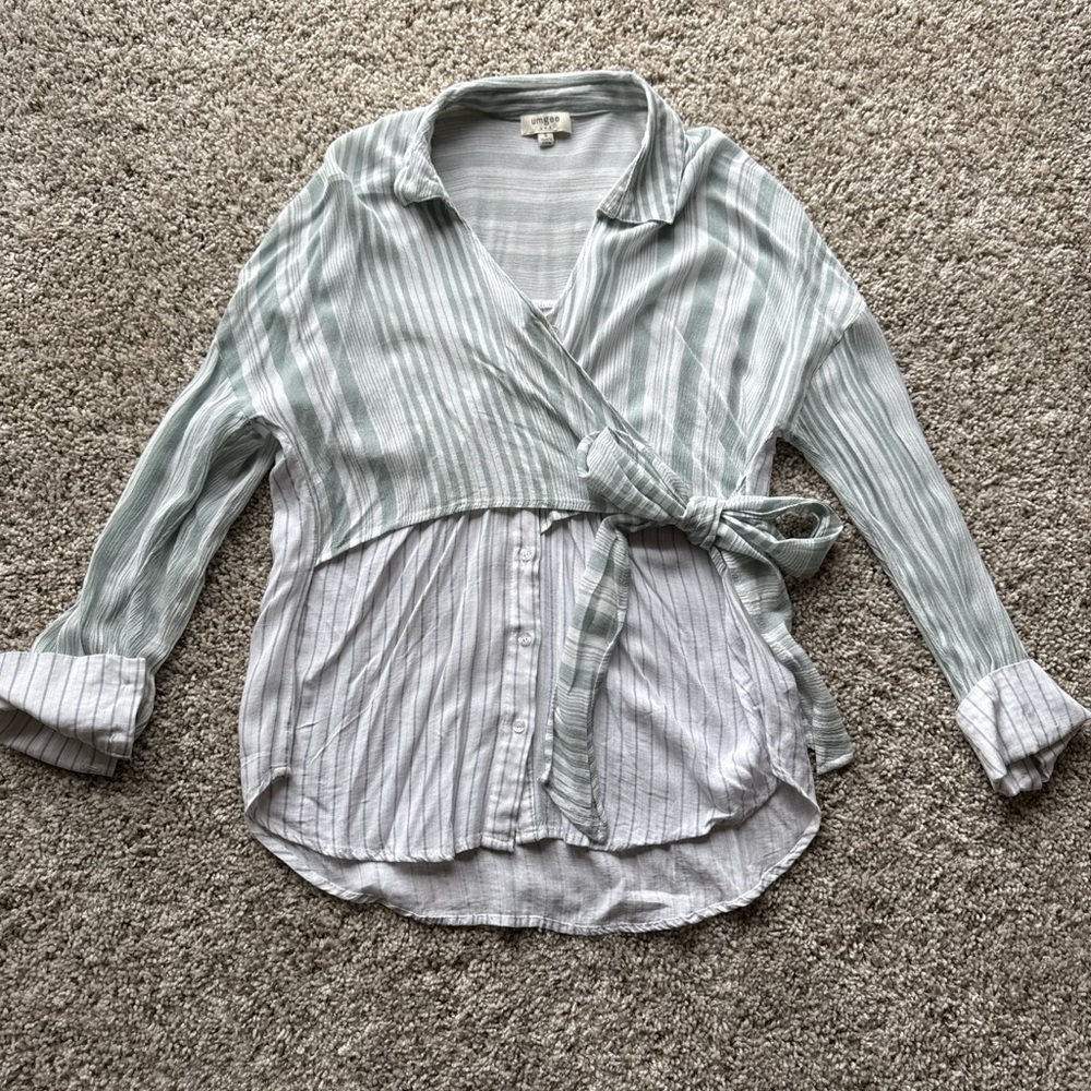 Umgee Green and White Striped Wrap Blouse
